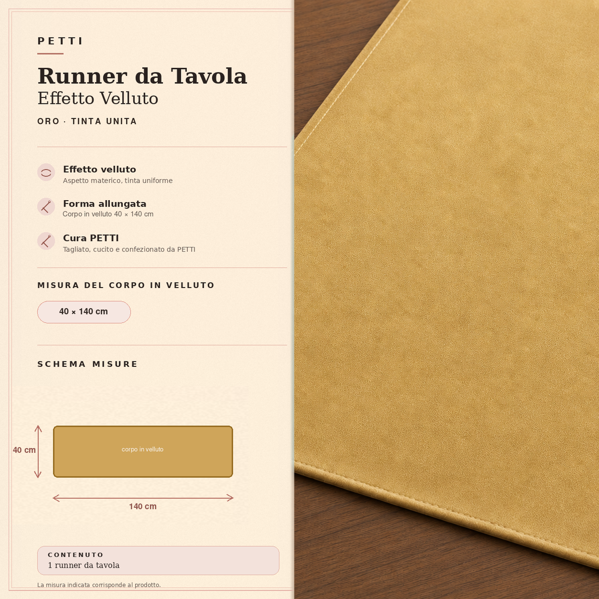 Runner da tavola effetto velluto Oro, 40 × 140 cm — scheda misure e contenuto