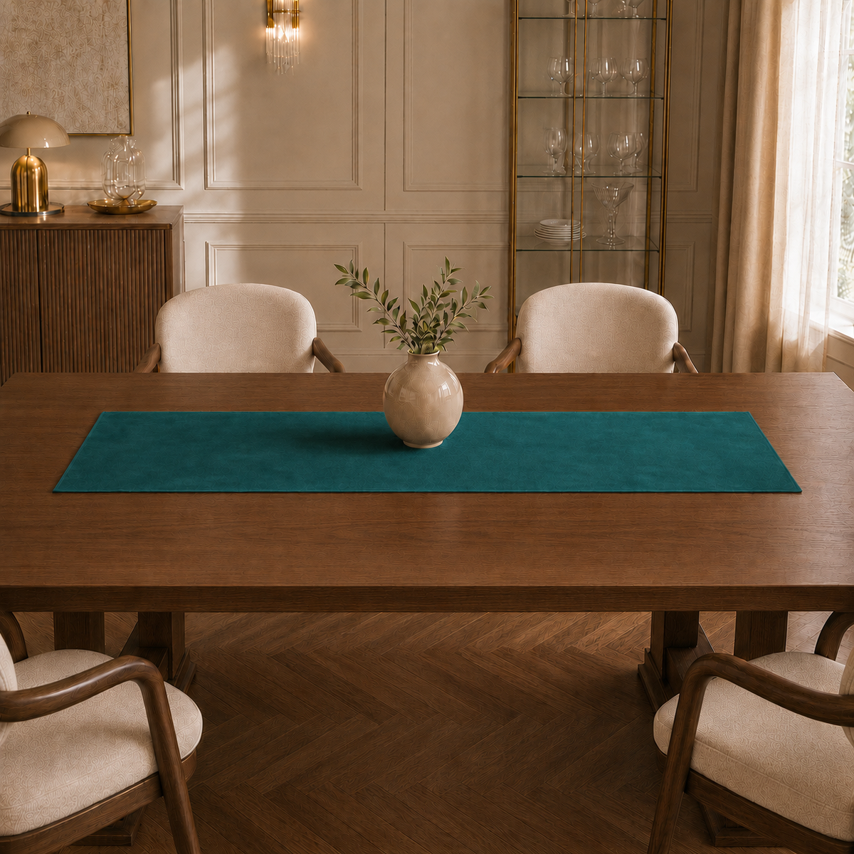Runner da tavola effetto velluto Ottanio, 40 × 140 cm — vista ambientata
