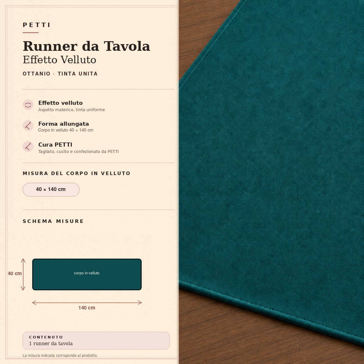 Runner da tavola effetto velluto Ottanio, 40 × 140 cm — scheda misure e contenuto