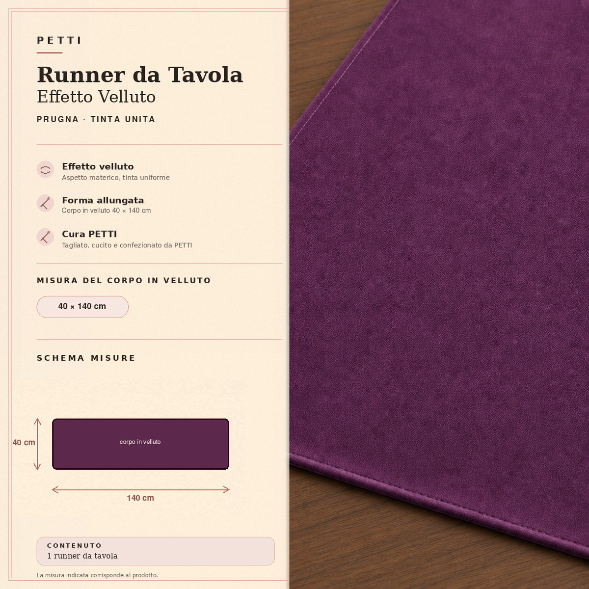 Runner da tavola effetto velluto Prugna, 40 × 140 cm — scheda misure e contenuto
