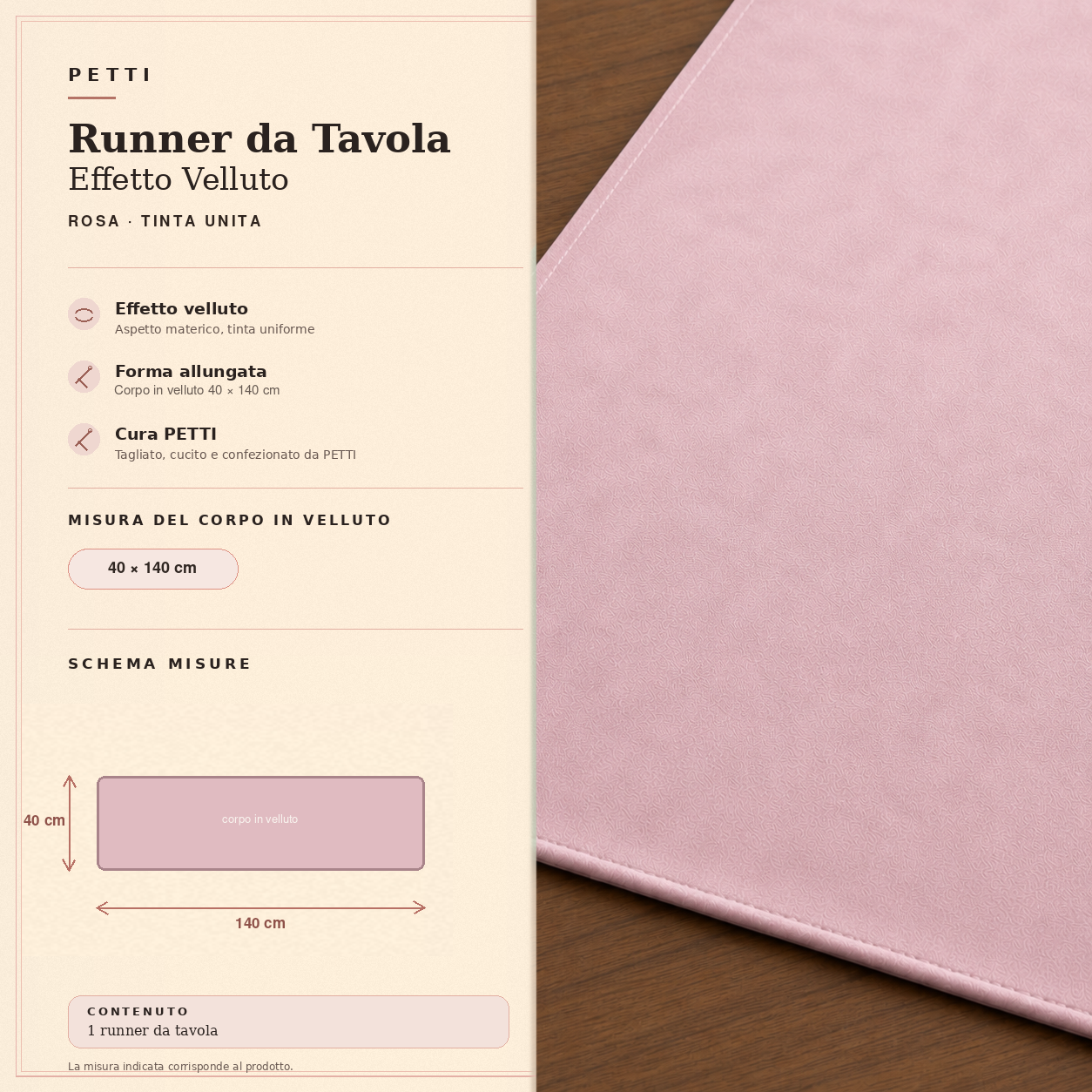 Runner da tavola effetto velluto Rosa, 40 × 140 cm — scheda misure e contenuto