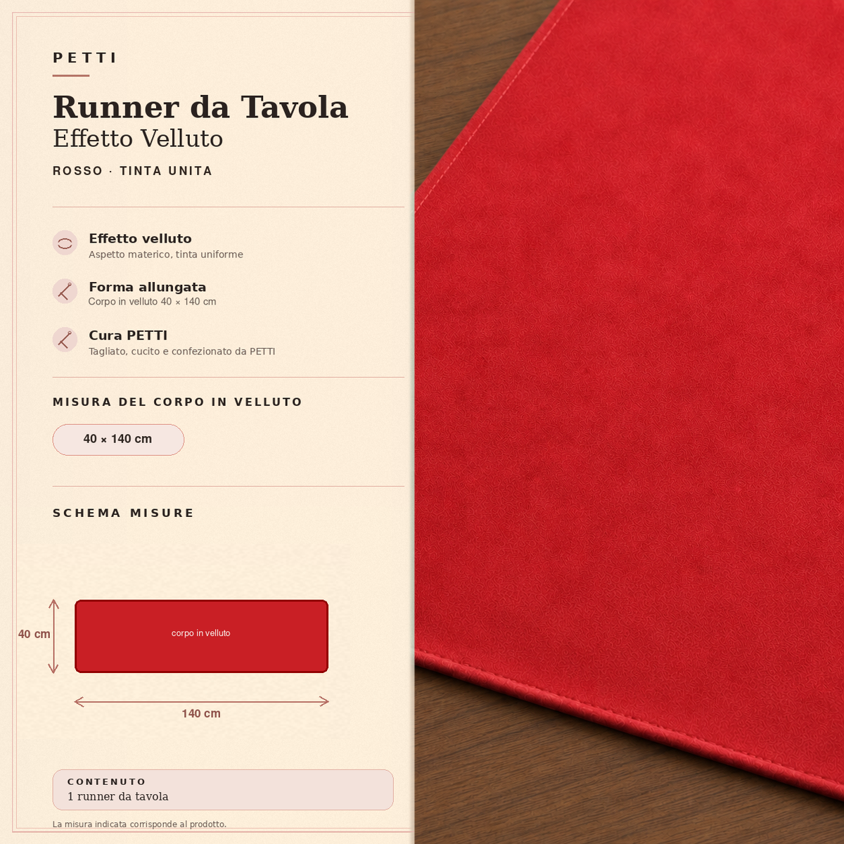 Runner da tavola effetto velluto Rosso, 40 × 140 cm — scheda misure e contenuto