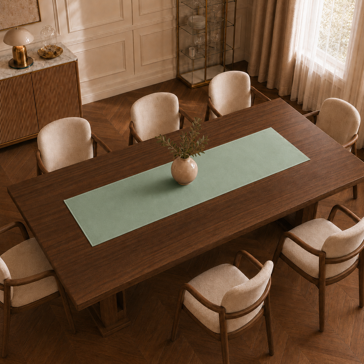 Runner da tavola effetto velluto Salvia, 40 × 140 cm — vista dall’alto