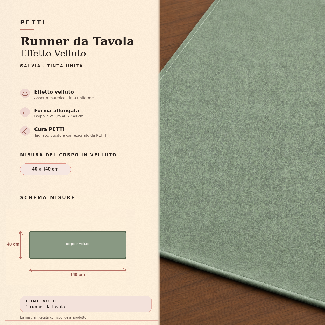 Runner da tavola effetto velluto Salvia, 40 × 140 cm — scheda misure e contenuto