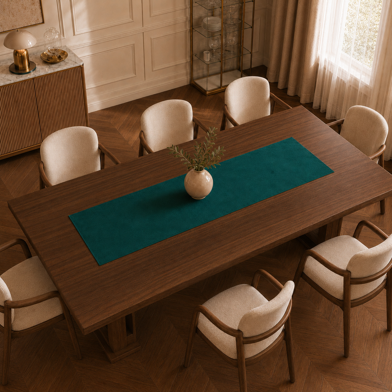 Runner da tavola effetto velluto Smeraldo, 40 × 140 cm — vista dall’alto