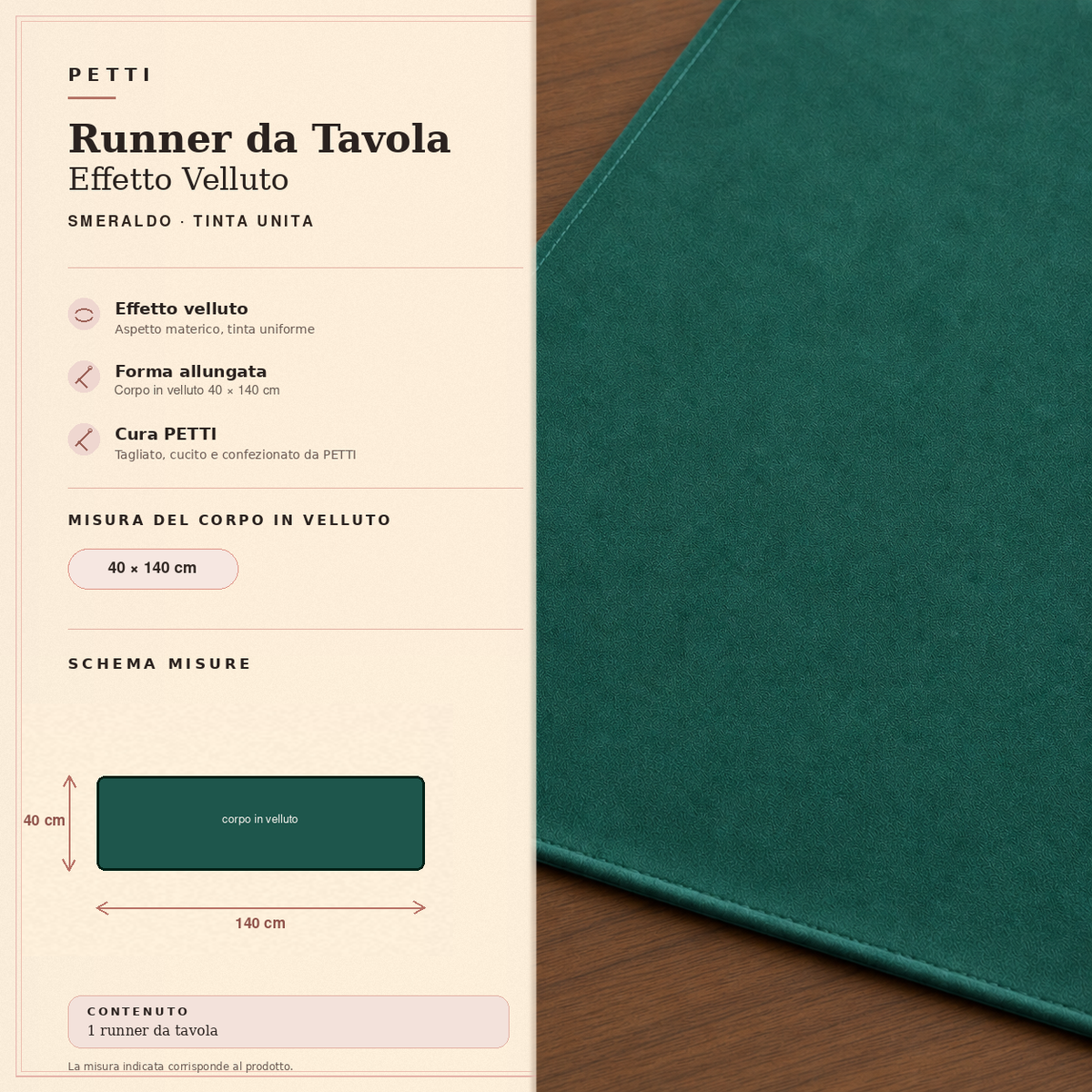 Runner da tavola effetto velluto Smeraldo, 40 × 140 cm — scheda misure e contenuto