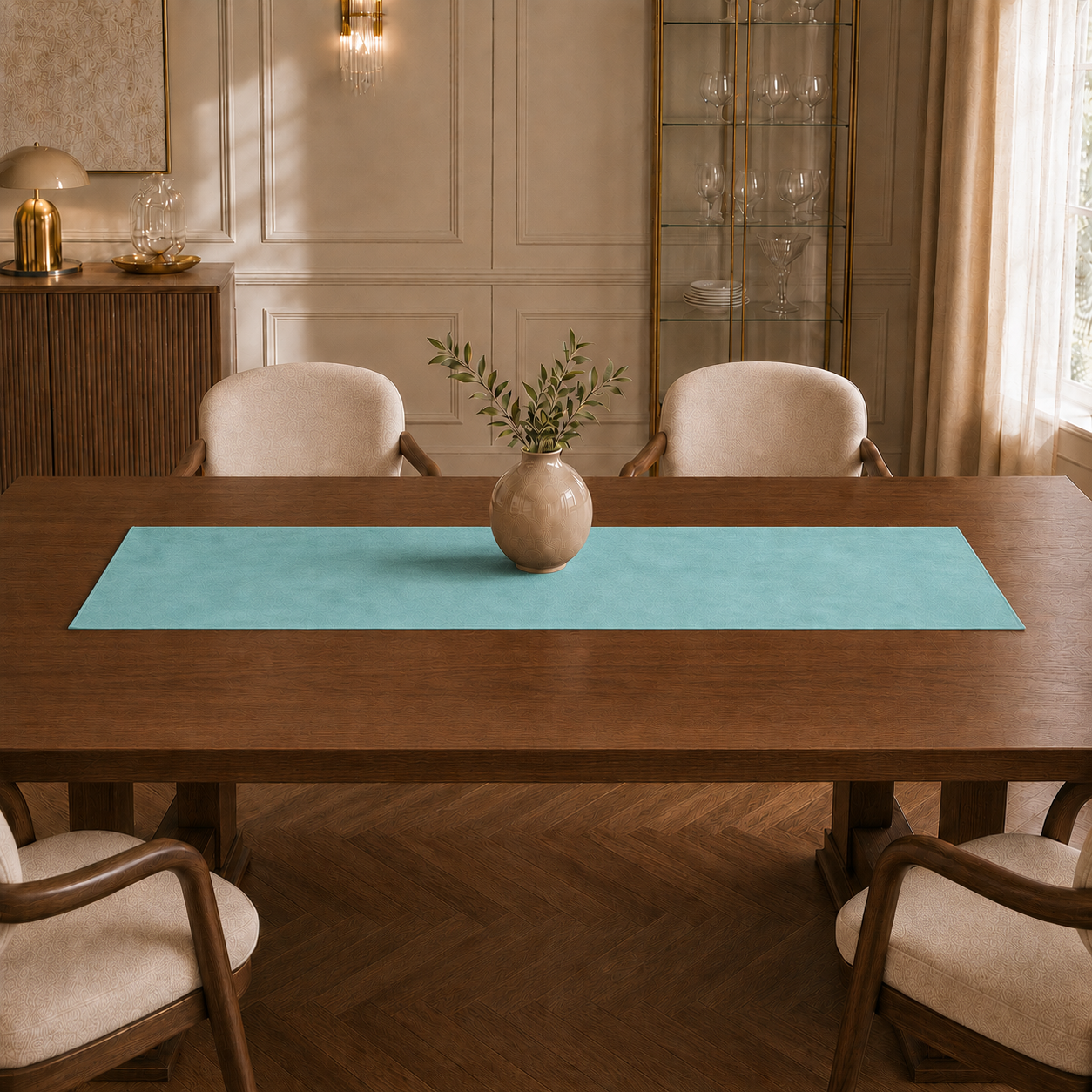 Runner da tavola effetto velluto Tiffany, 40 × 140 cm — vista ambientata