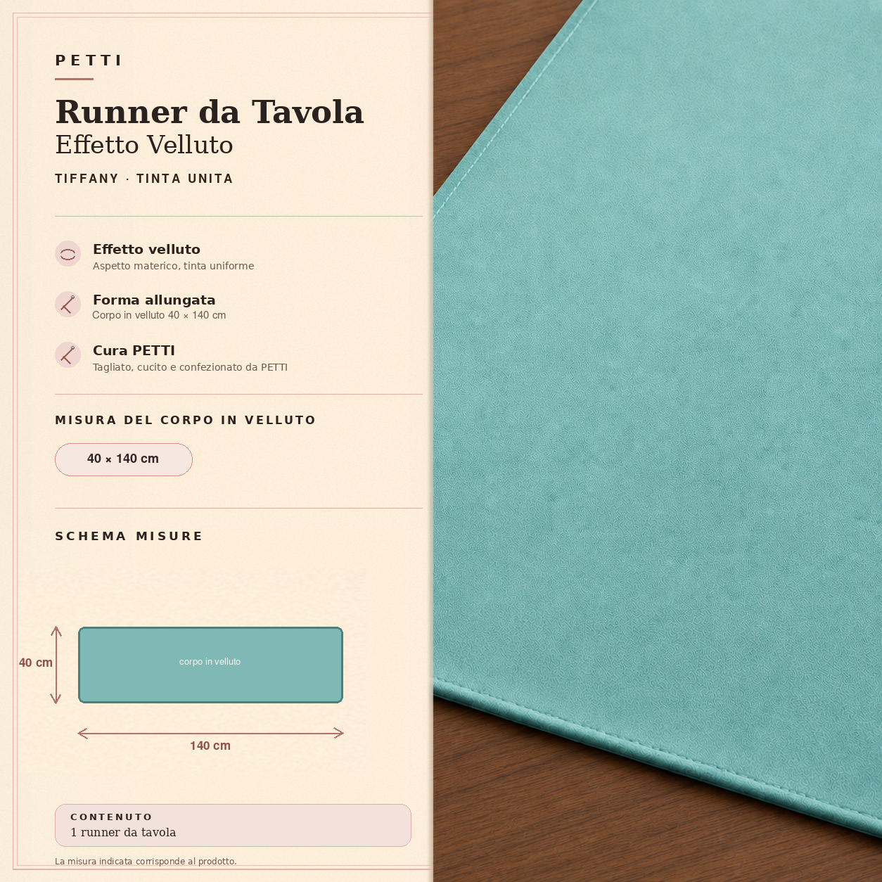 Runner da tavola effetto velluto Tiffany, 40 × 140 cm — scheda misure e contenuto