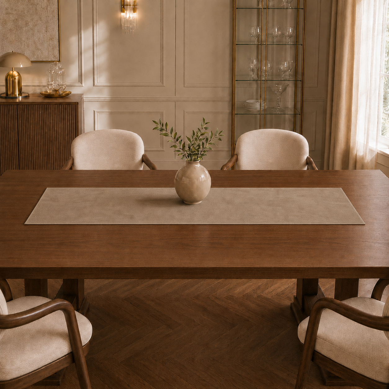 Runner da tavola effetto velluto Tortora, 40 × 140 cm — vista ambientata