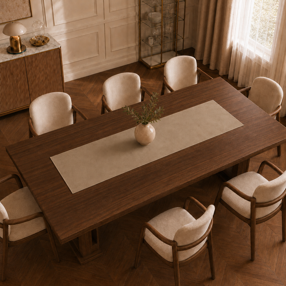 Runner da tavola effetto velluto Tortora, 40 × 140 cm — vista dall’alto