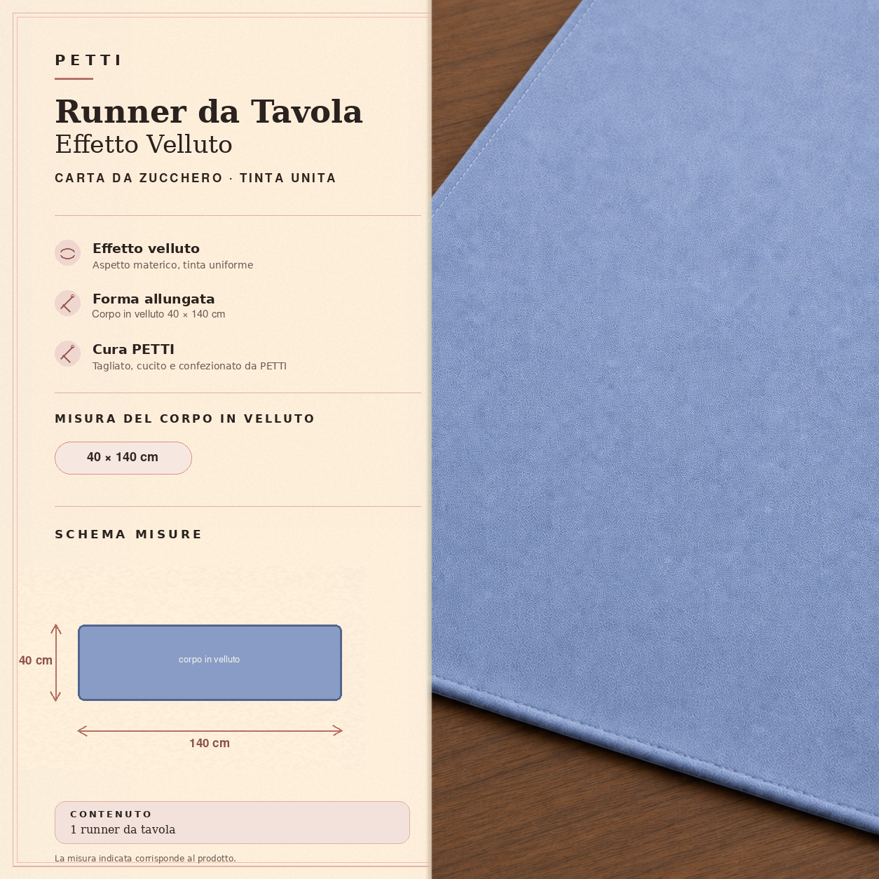 Runner da tavola effetto velluto Carta da Zucchero, 40 × 140 cm — scheda misure e contenuto