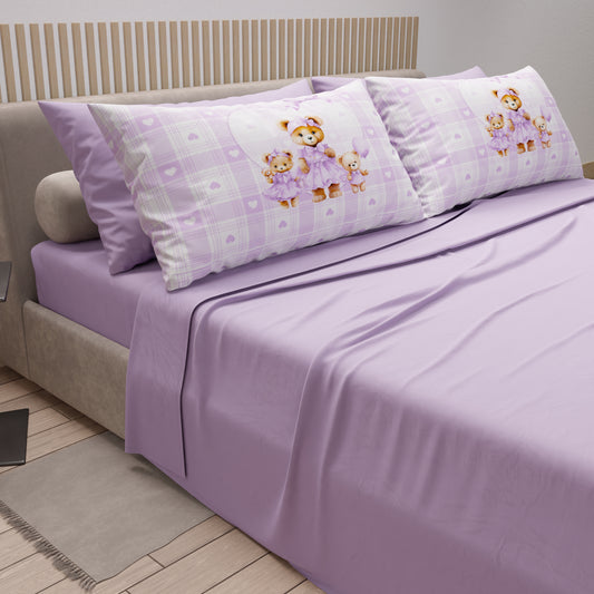 Draps en coton, parure de lit avec taies d'oreiller imprimées numérique Teddy Love lilas