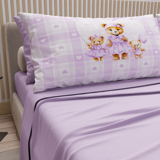 Draps en coton, parure de lit avec taies d'oreiller imprimées numérique Teddy Love lilas