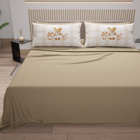 Draps en coton, parure de lit avec taies d'oreiller imprimées numérique Teddy Love taupe