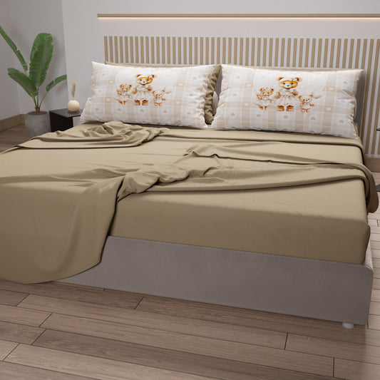 Draps en coton, parure de lit avec taies d'oreiller imprimées numérique Teddy Love taupe