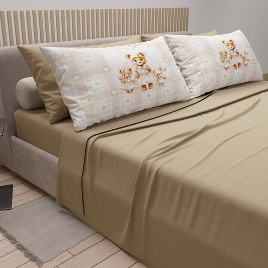 Draps en coton, parure de lit avec taies d'oreiller imprimées numérique Teddy Love taupe