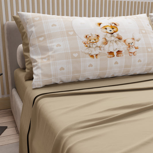 Draps en coton, parure de lit avec taies d'oreiller imprimées numérique Teddy Love taupe