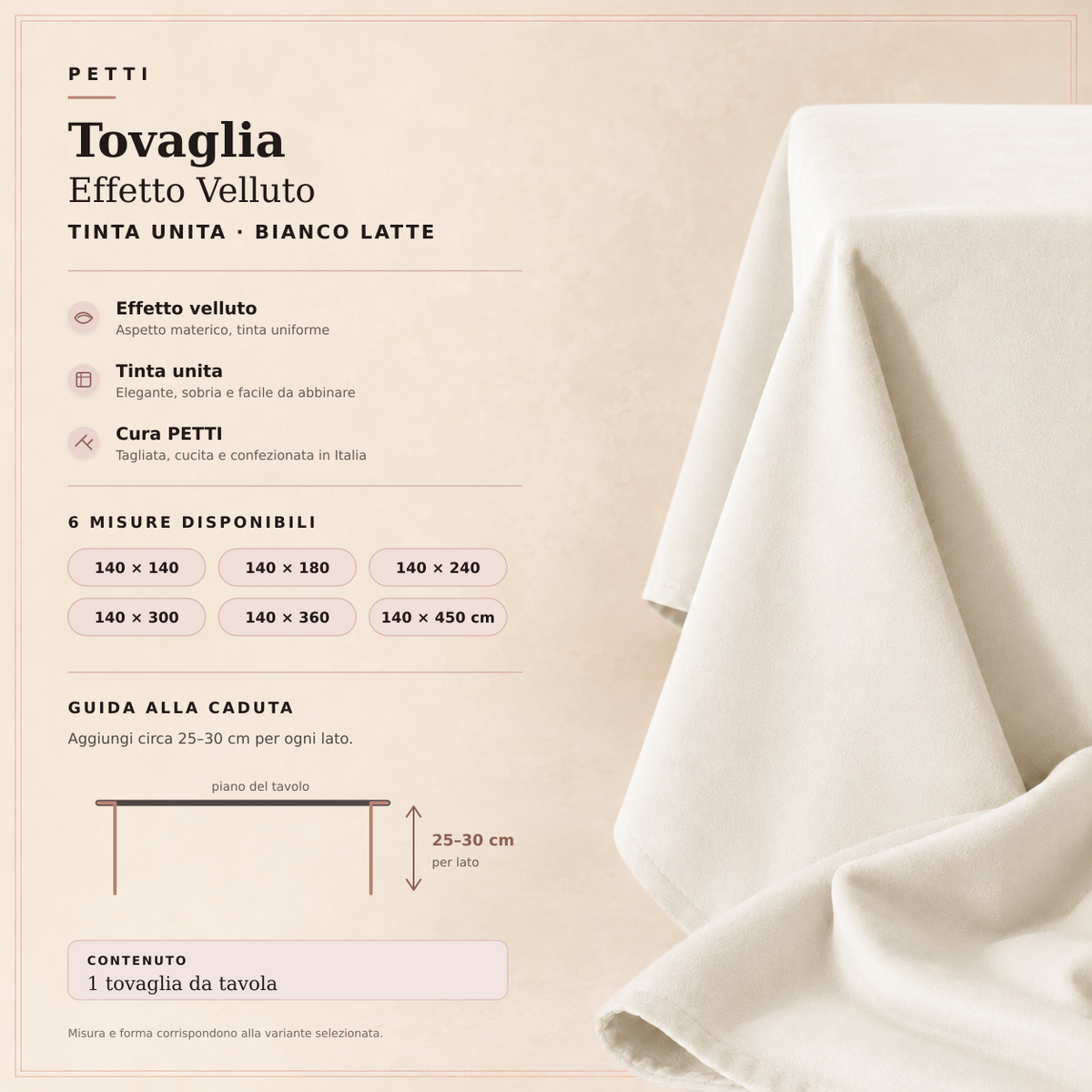 Scheda della tovaglia effetto velluto Bianco Latte con sei misure e guida alla caduta