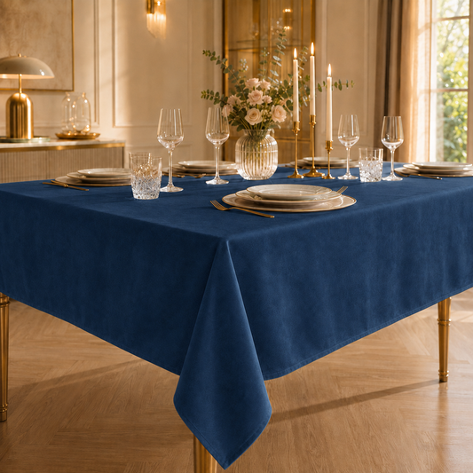 Tovaglia effetto velluto Blu Scuro apparecchiata per una cena al tramonto
