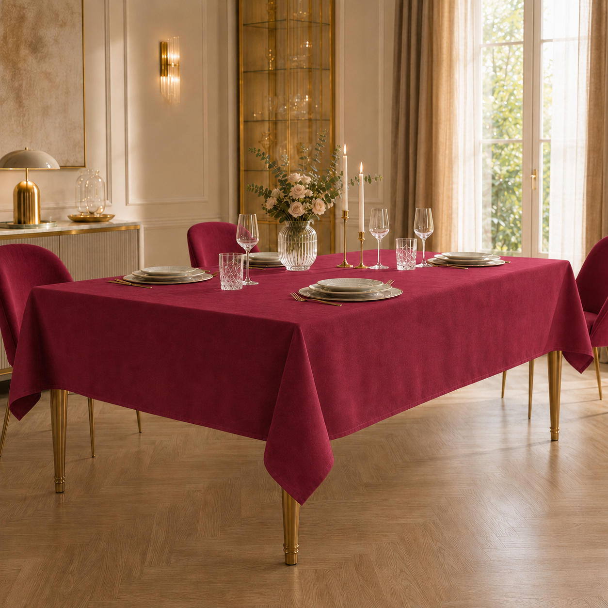 Tovaglia effetto velluto tinta unita Bordeaux PETTI ambientata con sedie coordinate