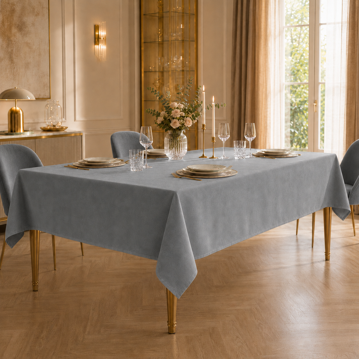Tovaglia effetto velluto tinta unita Grigio Scuro PETTI ambientata con sedie coordinate