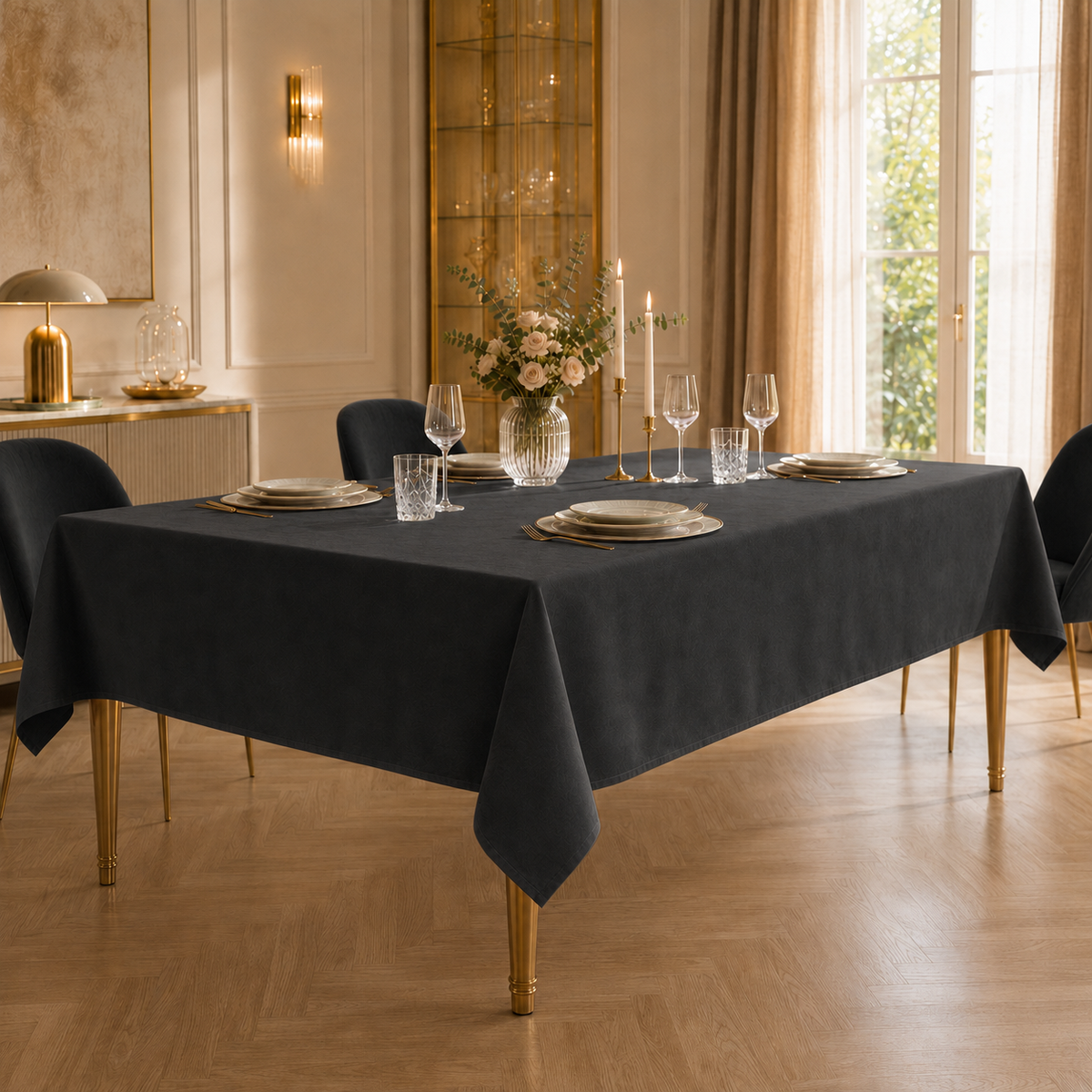 Tovaglia effetto velluto tinta unita Nero PETTI ambientata con sedie coordinate