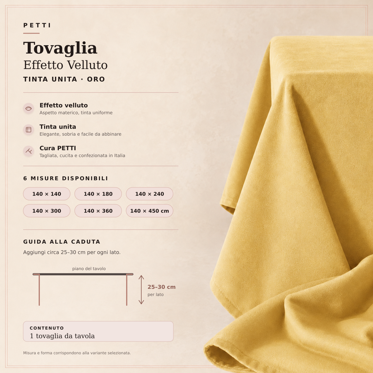 Scheda della tovaglia effetto velluto Oro con sei misure e guida alla caduta