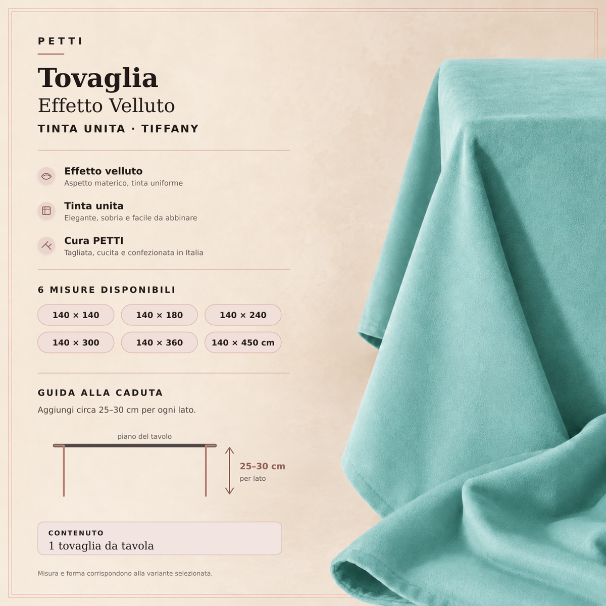 Tovaglia effetto velluto Tiffany, scheda prodotto con misure e guida alla caduta