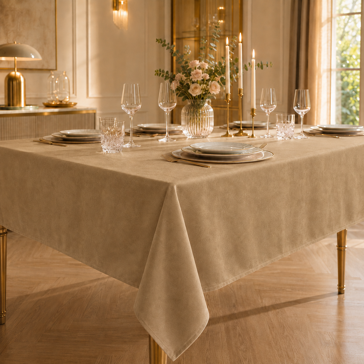 Tovaglia effetto velluto Tortora, cena al tramonto