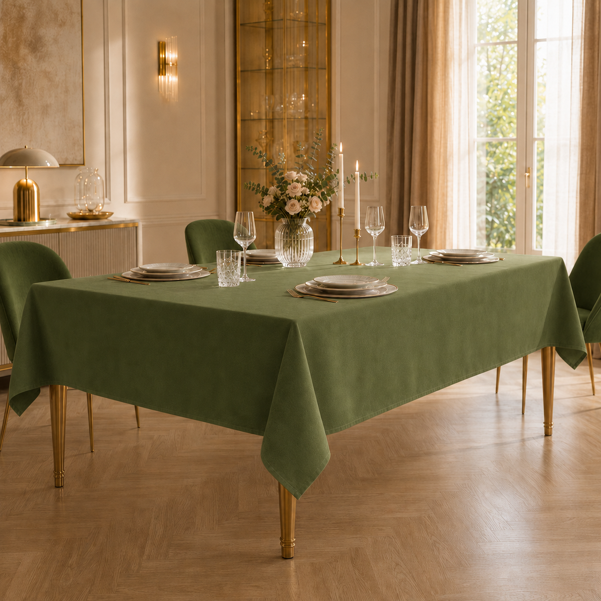Tovaglia effetto velluto tinta unita Verde Oliva PETTI ambientata con sedie coordinate