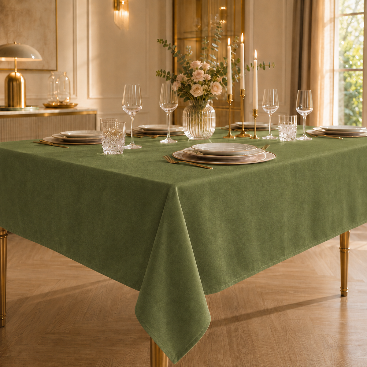 Tovaglia effetto velluto Verde Oliva apparecchiata per una cena al tramonto