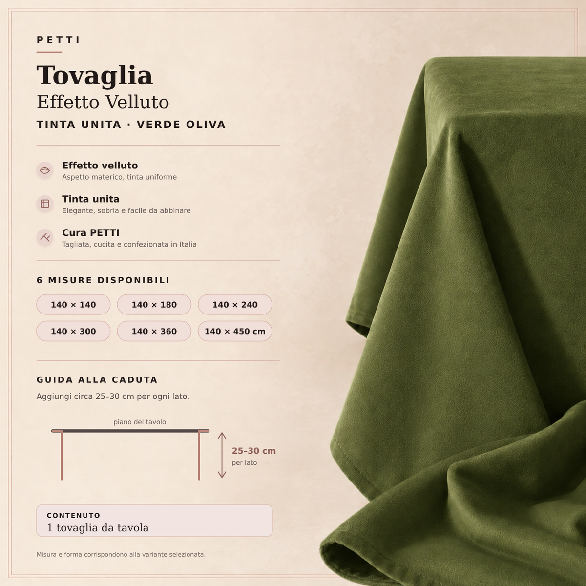 Scheda della tovaglia effetto velluto Verde Oliva con sei misure e guida alla caduta