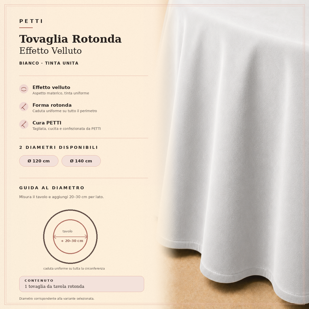 Scheda informativa della tovaglia rotonda Bianco in effetto velluto tinta unita