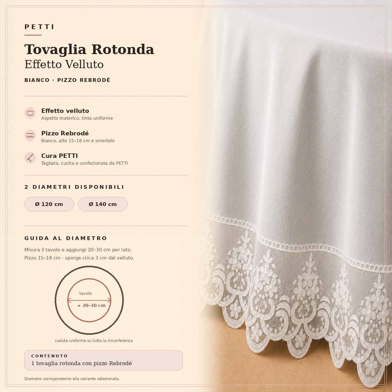 Scheda informativa della tovaglia rotonda Bianco in effetto velluto con pizzo Rebrodé