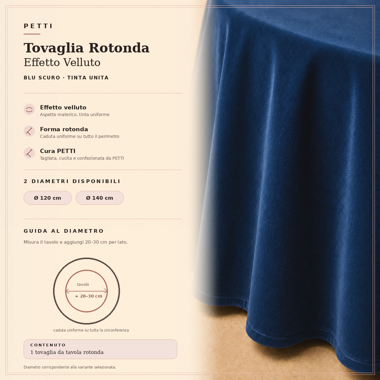 Scheda informativa della tovaglia rotonda Blu Scuro in effetto velluto tinta unita