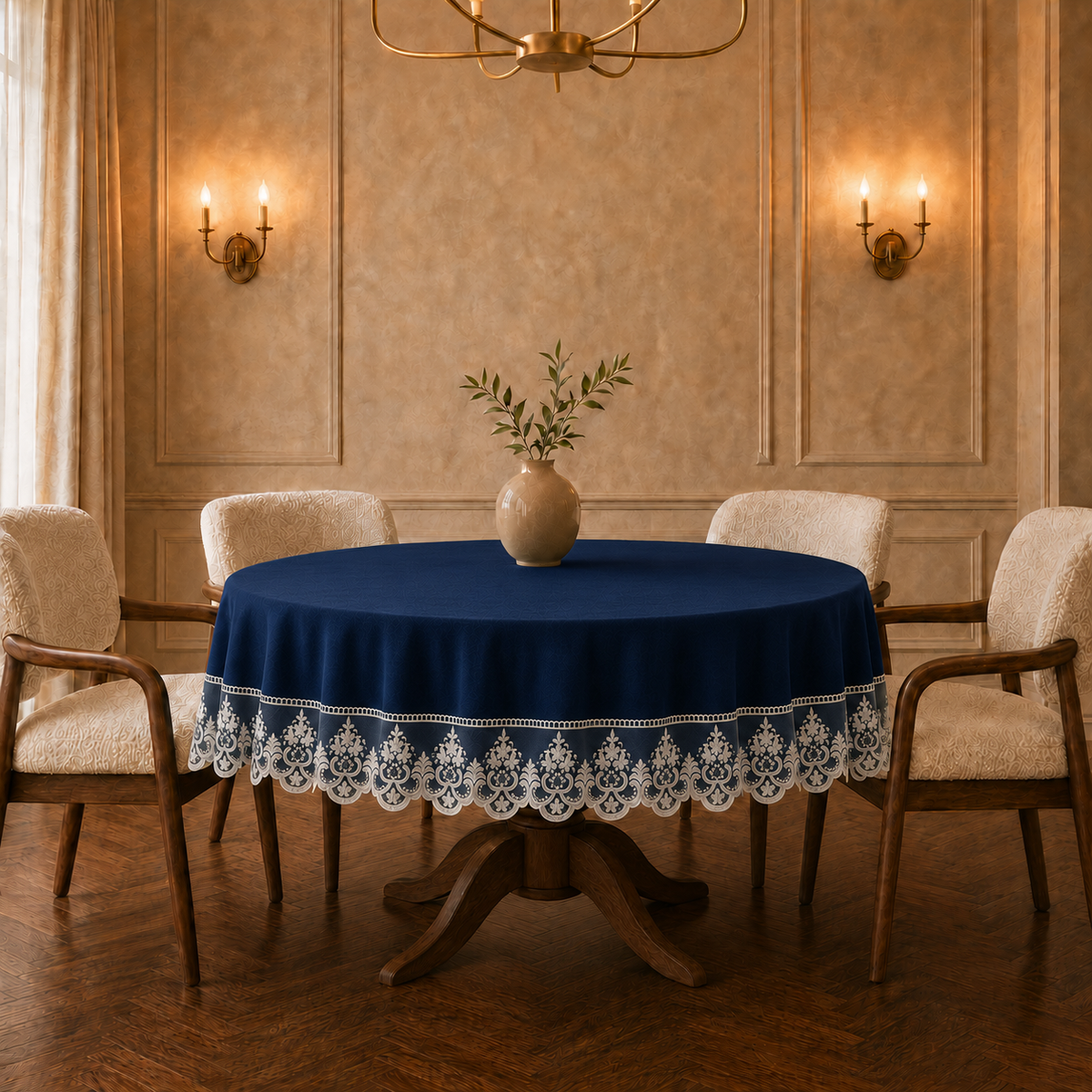 Tovaglia rotonda in effetto velluto blu scuro con pizzo Rebrodé bianco applicato lungo il bordo