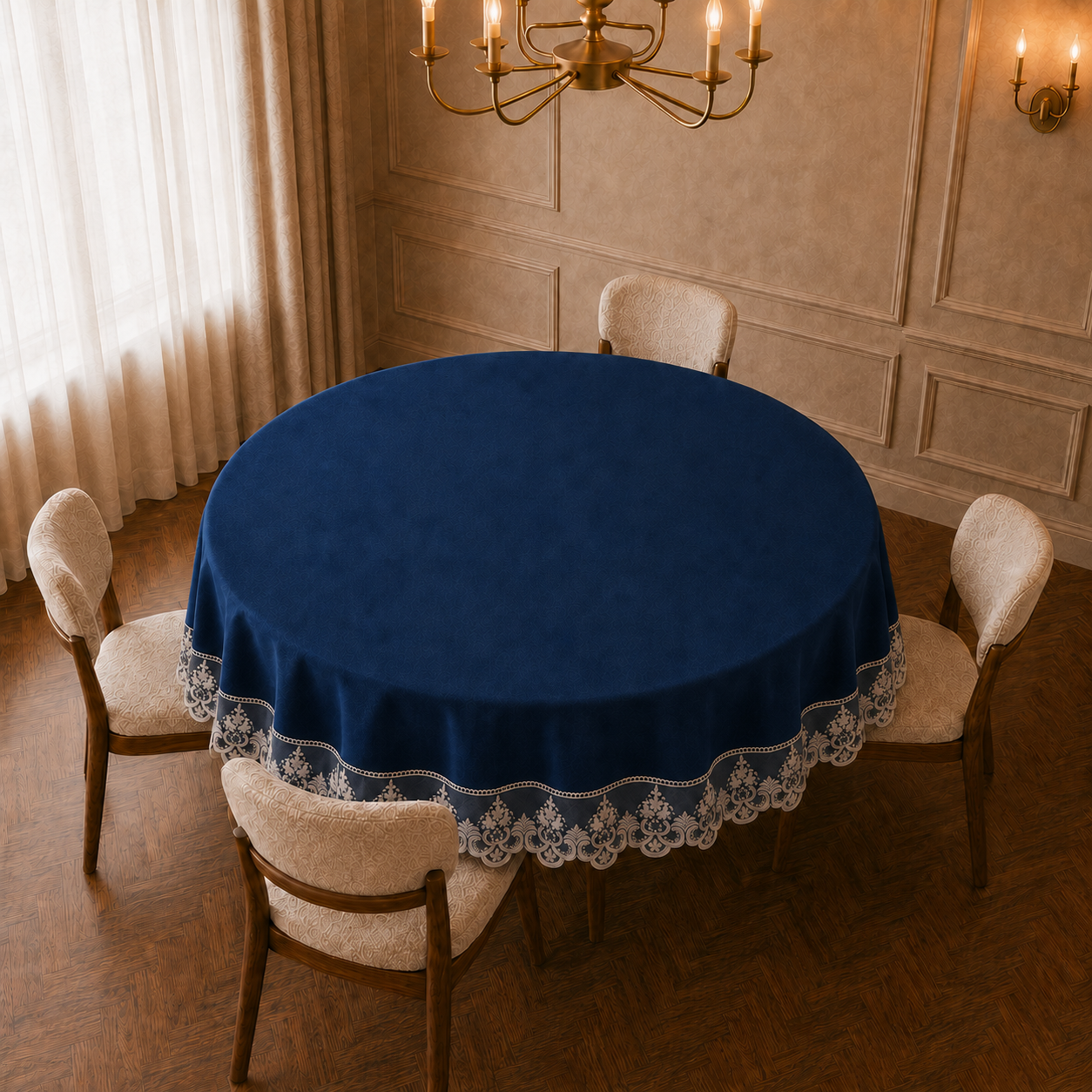 Tovaglia rotonda in effetto velluto blu scuro con pizzo Rebrodé bianco applicato lungo il bordo, vista angolata