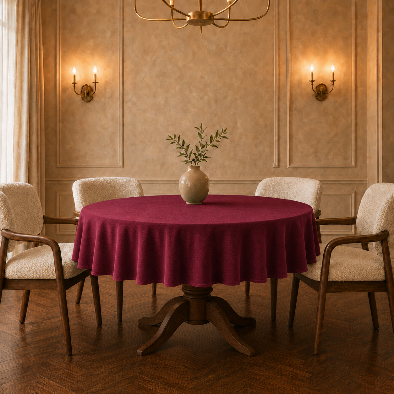 Tovaglia rotonda da tavola in tessuto effetto velluto tinta unita Bordeaux, linea Il Velluto PETTI