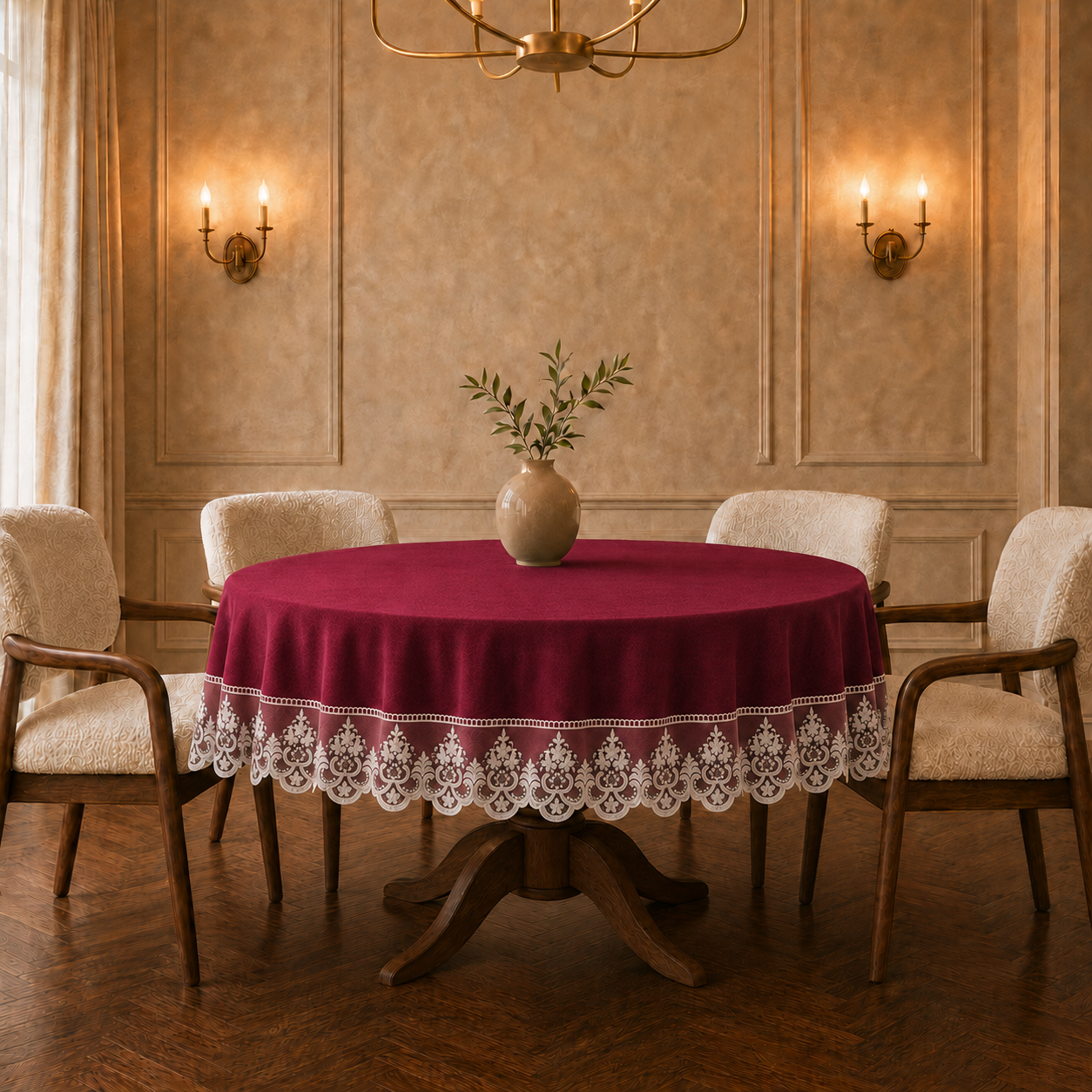 Tovaglia rotonda Bordeaux in tessuto effetto velluto tinta unita con pizzo Rebrodé bianco applicato lungo il bordo
