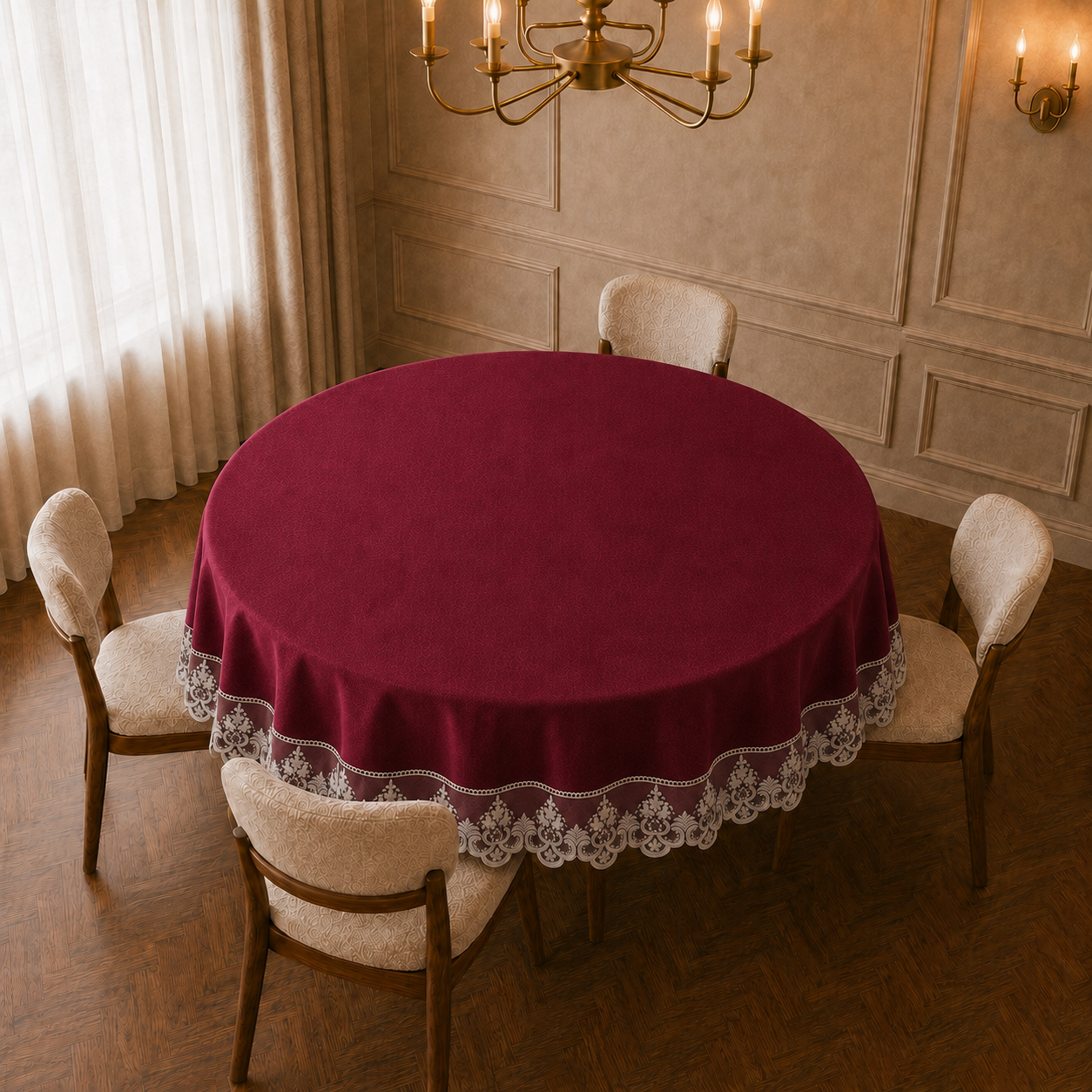 Tovaglia rotonda Bordeaux in tessuto effetto velluto tinta unita con pizzo Rebrodé bianco applicato lungo il bordo, vista angolata