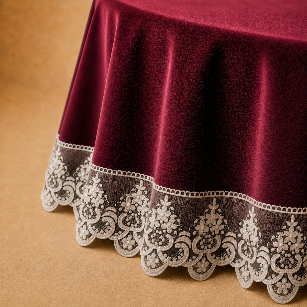Dettaglio del tessuto effetto velluto Bordeaux con pizzo Rebrodé bianco che prosegue oltre il bordo