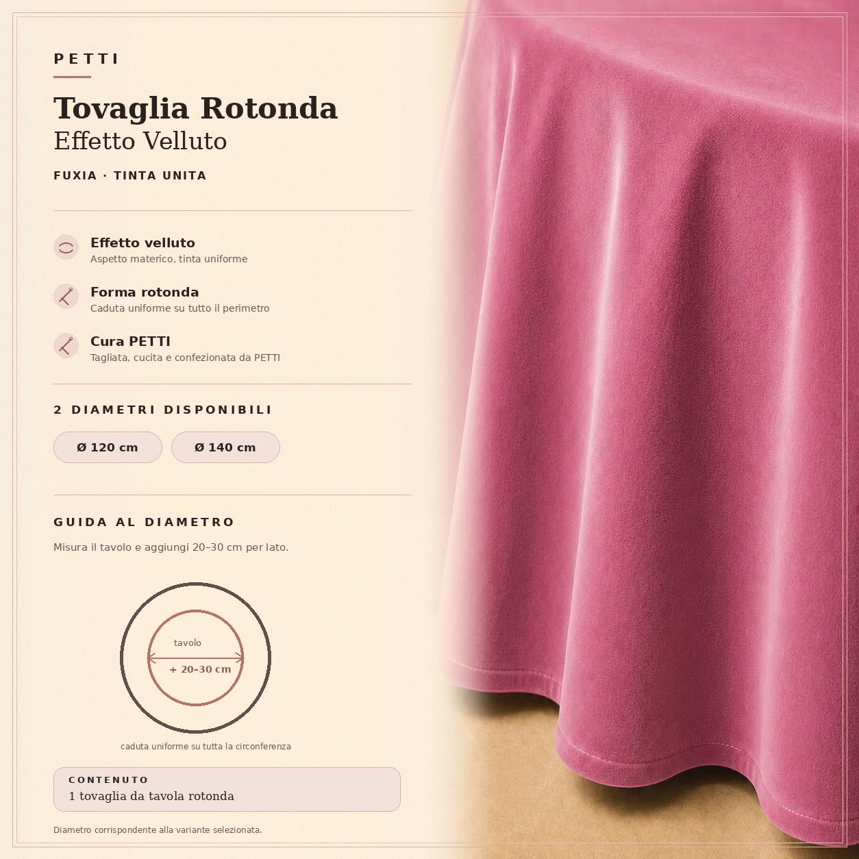 Scheda informativa della tovaglia rotonda Fucsia in effetto velluto tinta unita