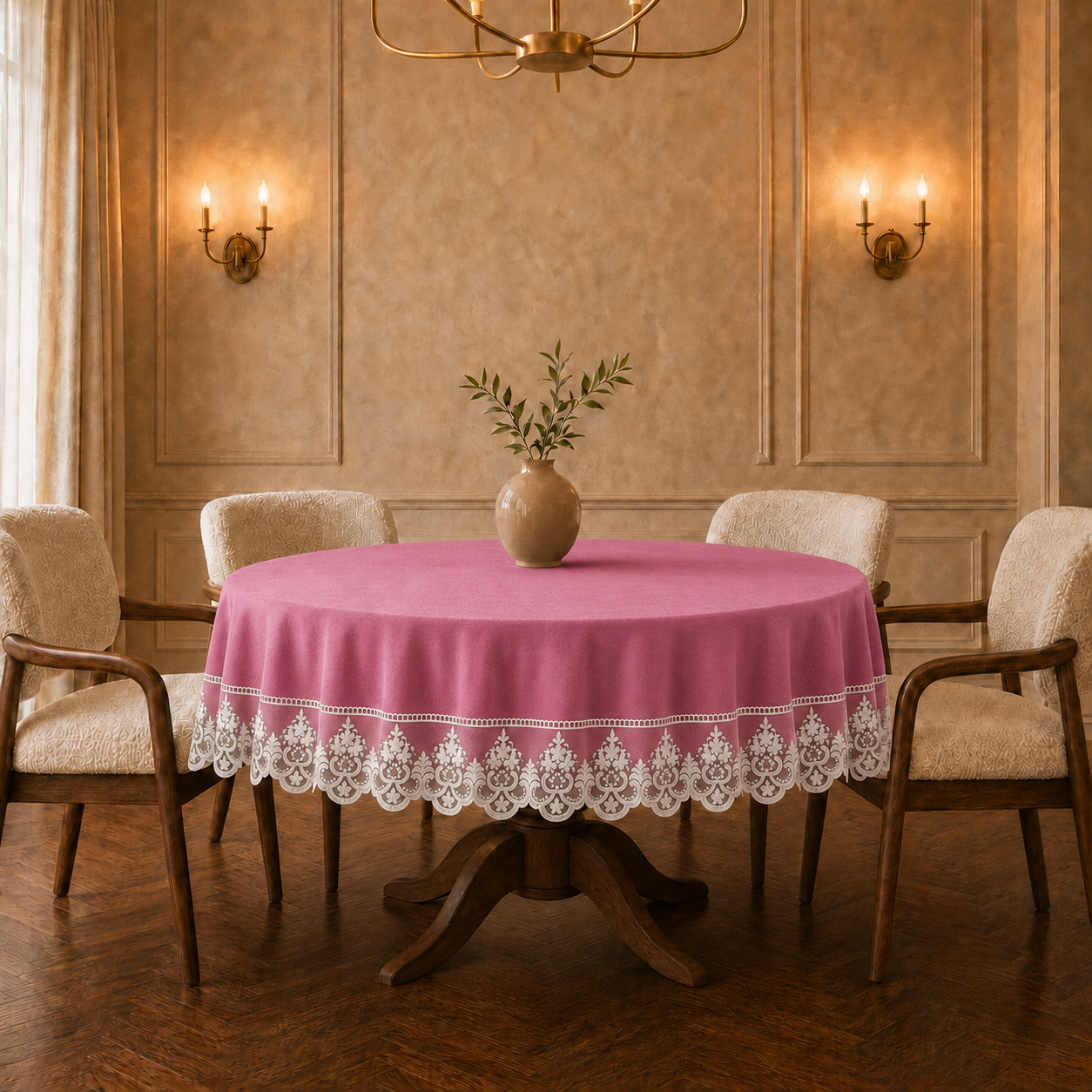 Tovaglia rotonda in tessuto effetto velluto fucsia tinta unita con pizzo Rebrodé bianco applicato lungo il bordo