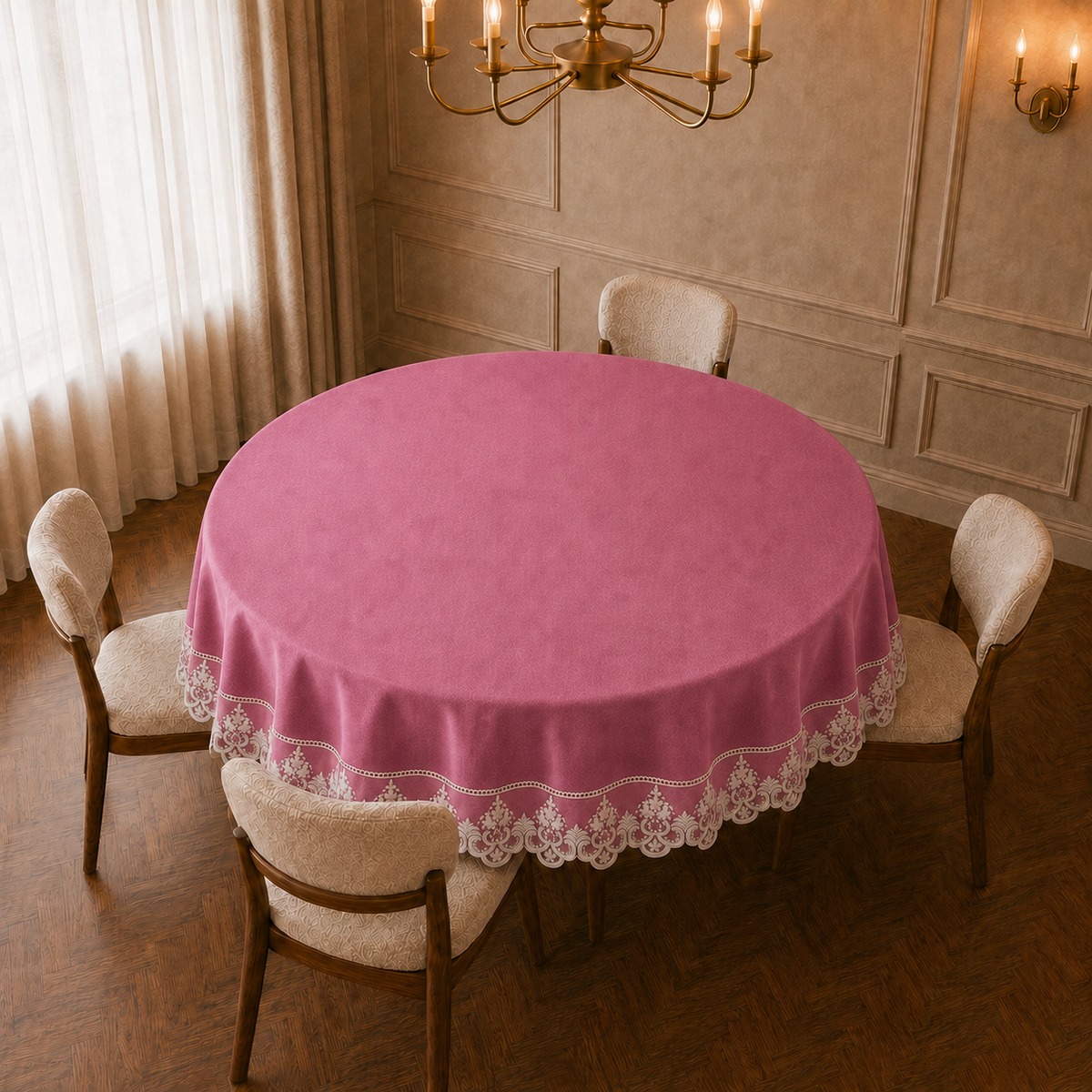 Tovaglia rotonda in tessuto effetto velluto fucsia tinta unita con pizzo Rebrodé bianco applicato lungo il bordo, vista angolata