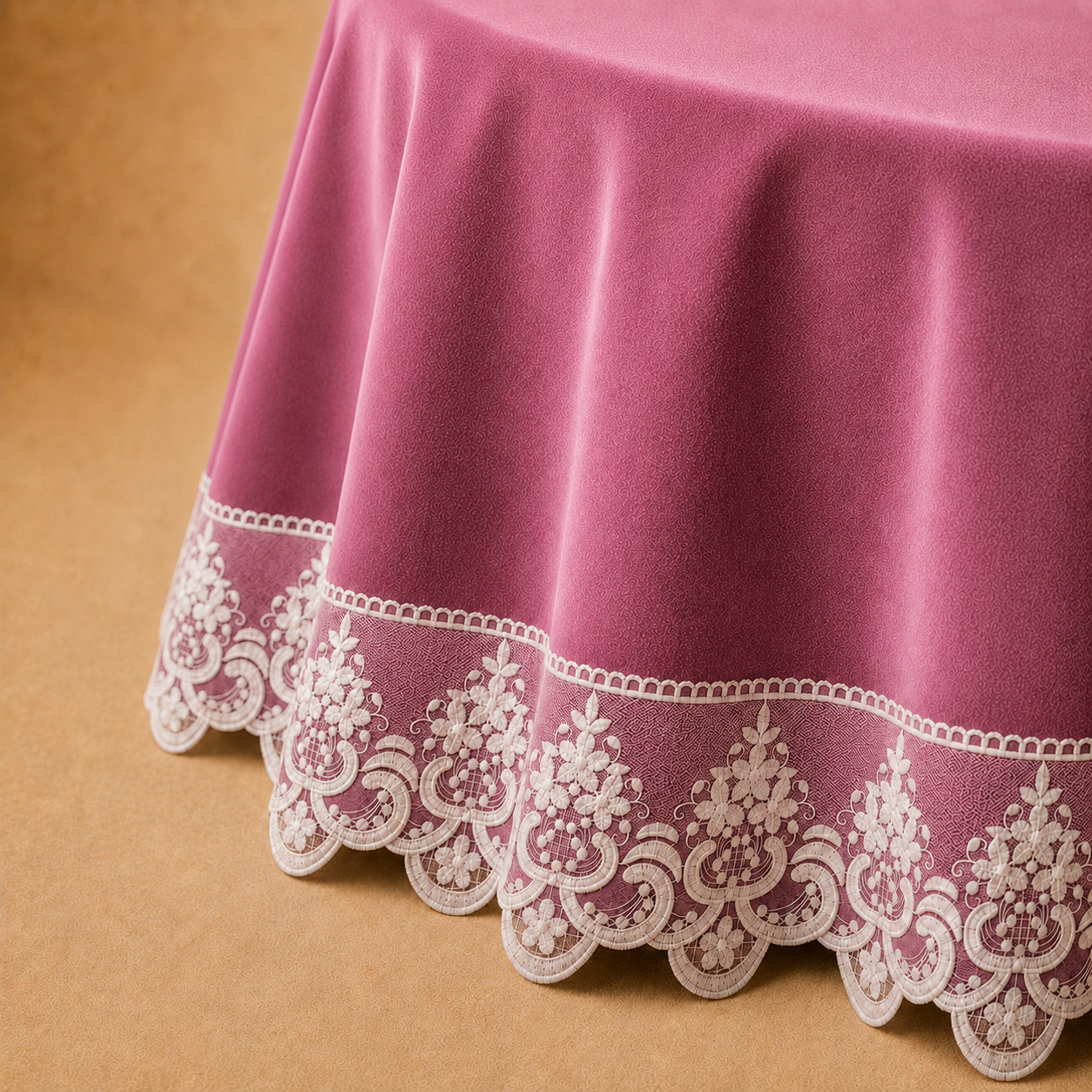 Dettaglio del tessuto effetto velluto Fucsia con pizzo Rebrodé bianco che prosegue oltre il bordo