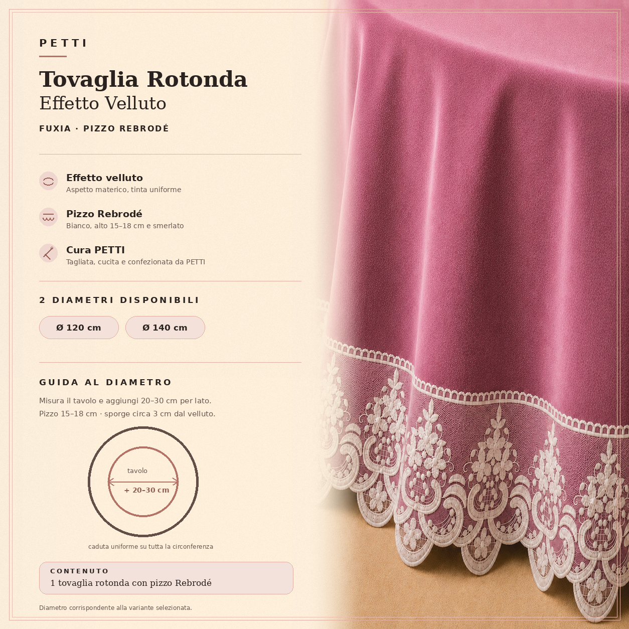 Scheda informativa della tovaglia rotonda Fucsia in effetto velluto con pizzo Rebrodé