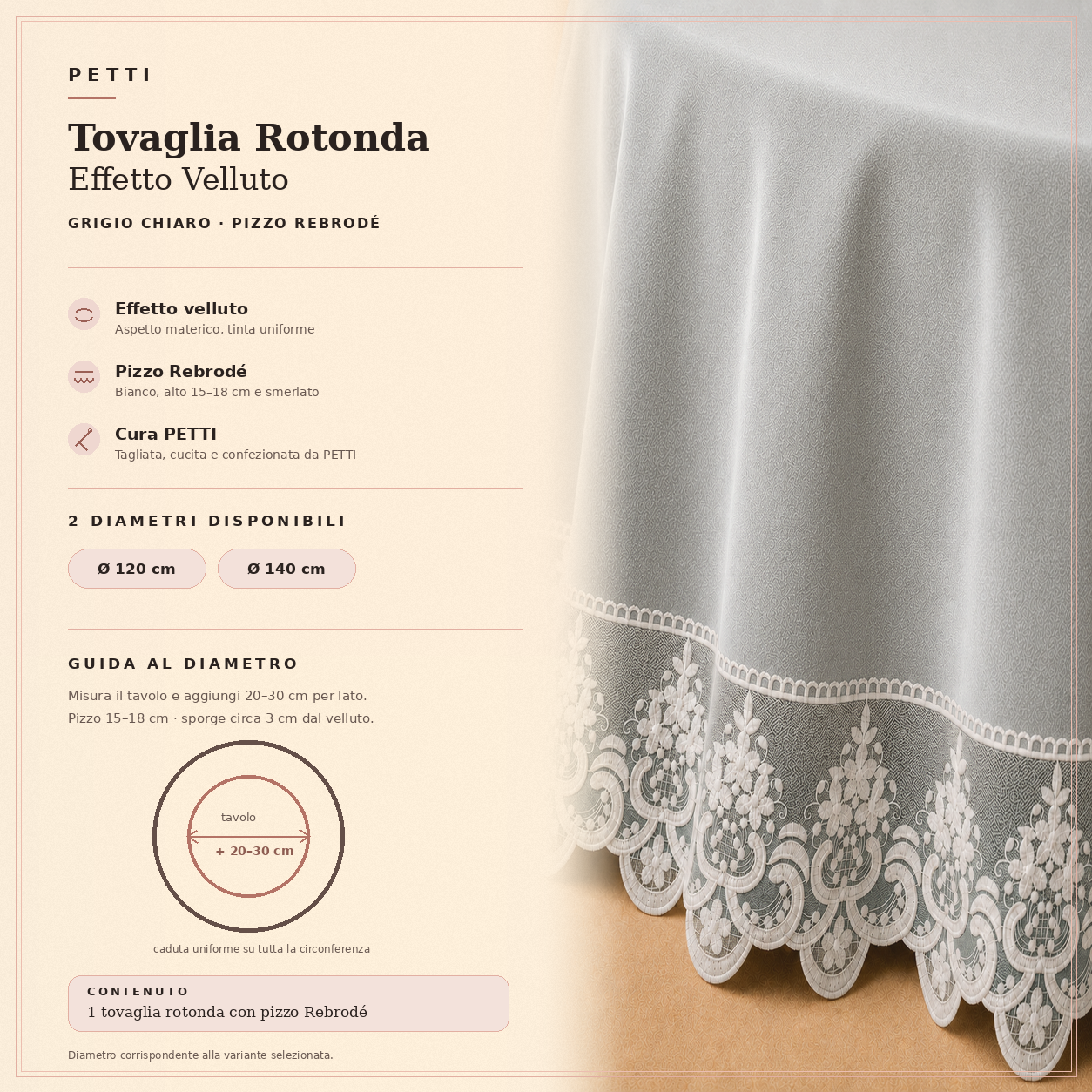 Scheda informativa della tovaglia rotonda Grigio Chiaro in effetto velluto con pizzo Rebrodé