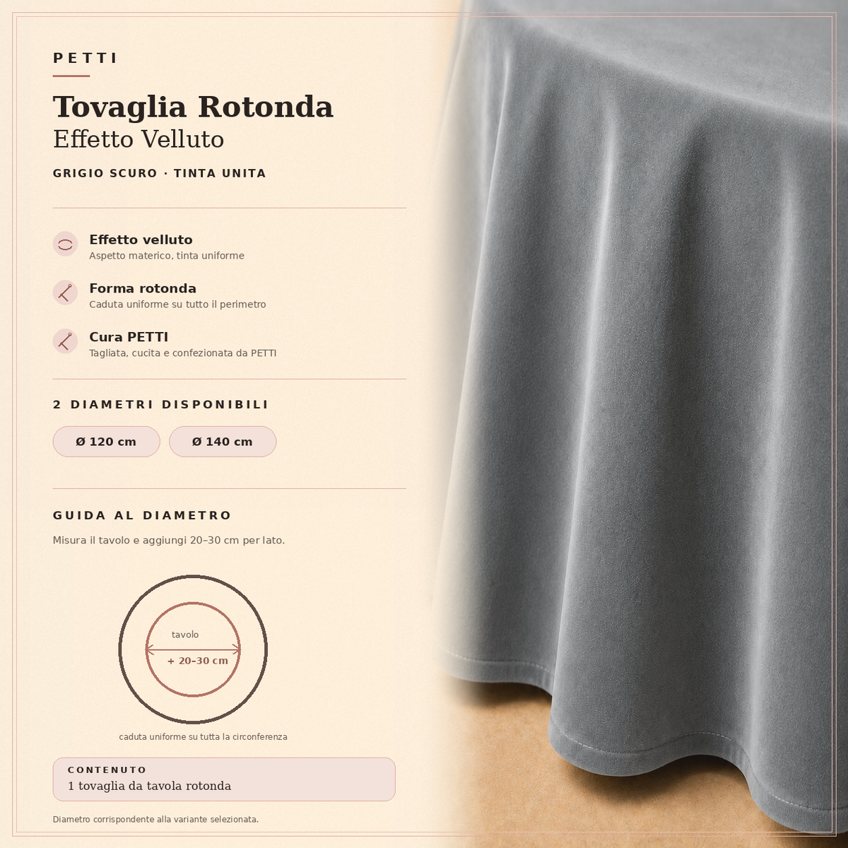 Scheda informativa della tovaglia rotonda Grigio Scuro in effetto velluto tinta unita