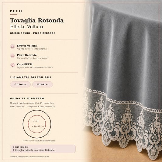 Scheda informativa della tovaglia rotonda Grigio Scuro in effetto velluto con pizzo Rebrodé