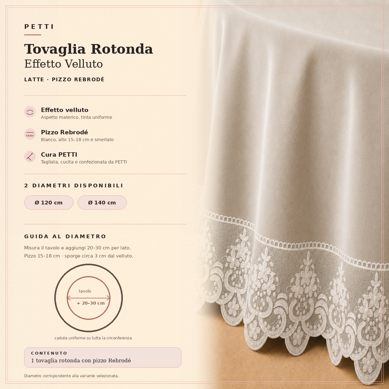Scheda informativa della tovaglia rotonda Bianco Latte in effetto velluto con pizzo Rebrodé